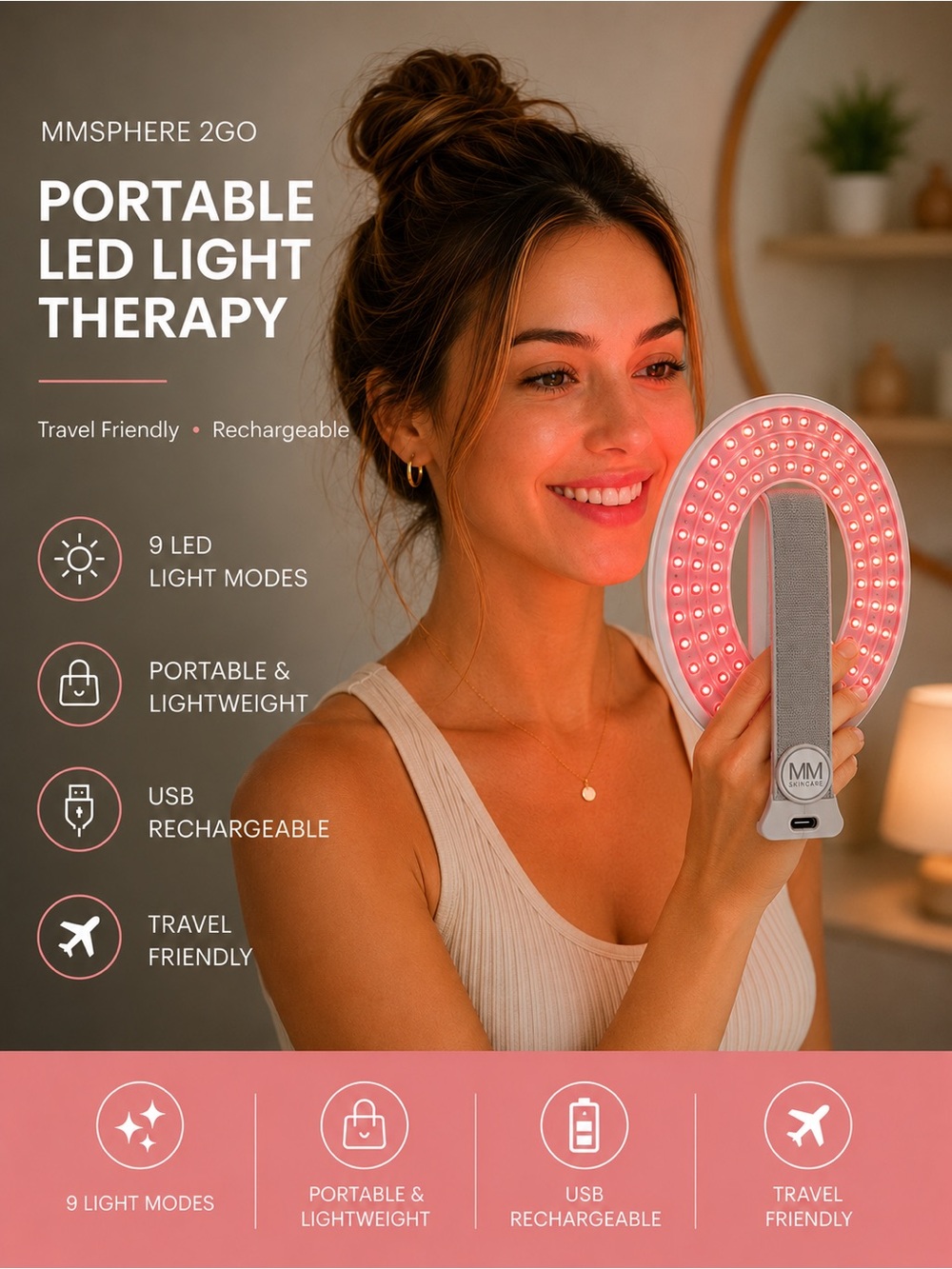 MMSphere 2GO Portable LED Light Beauty Device w/ Case Box Charger Glasses